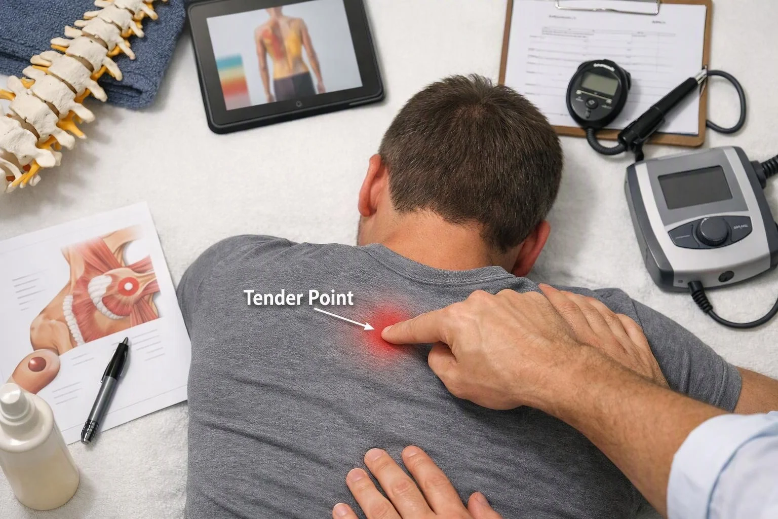 A doctor points to a man’s upper back on an exam table, with medical charts and devices nearby