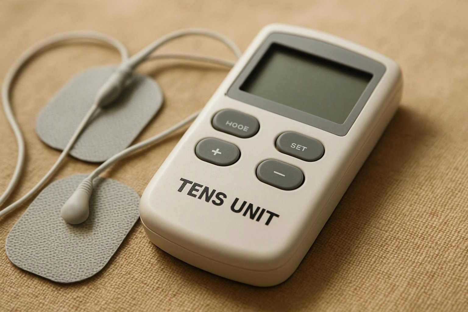 A TENS unit with electrode pads and wires rests on a beige fabric surface