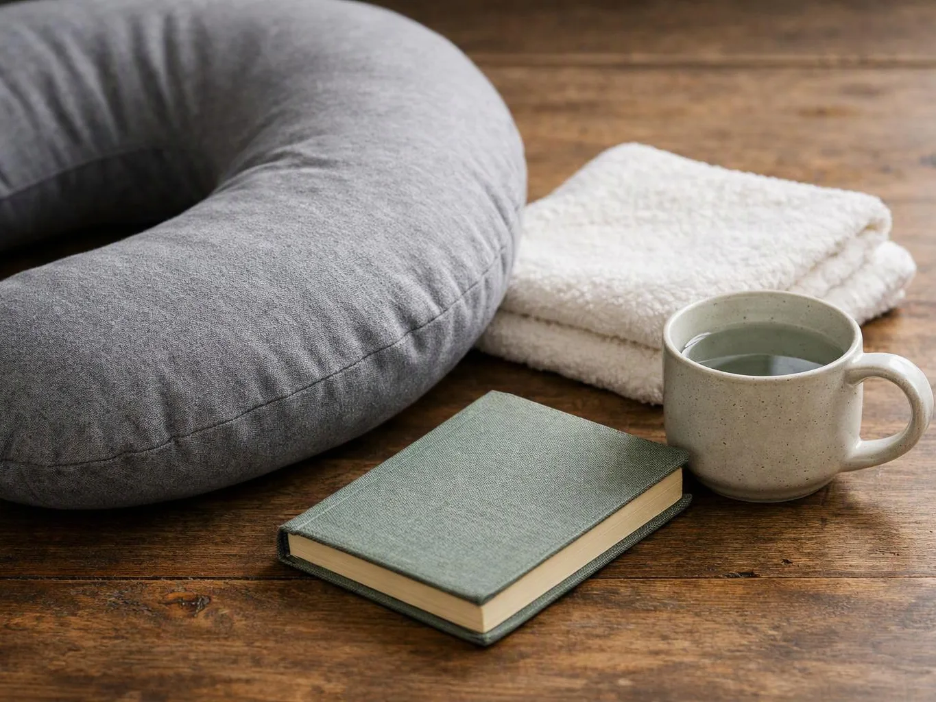 A gray neck pillow, folded towels, a mug of tea, and a small book rest on a wooden surface