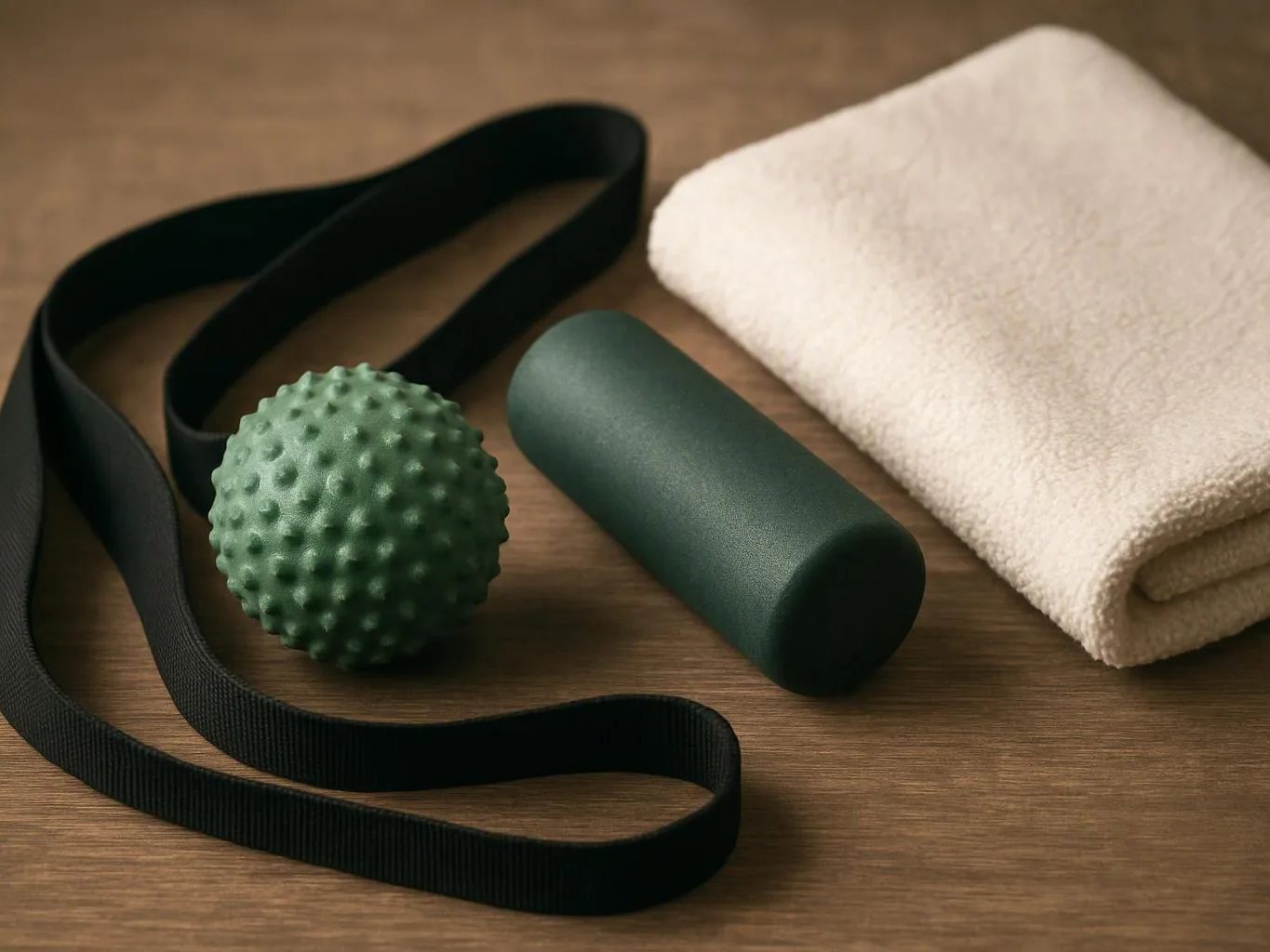 A green massage ball, foam roller, black strap, and folded towel rest on a wooden surface
