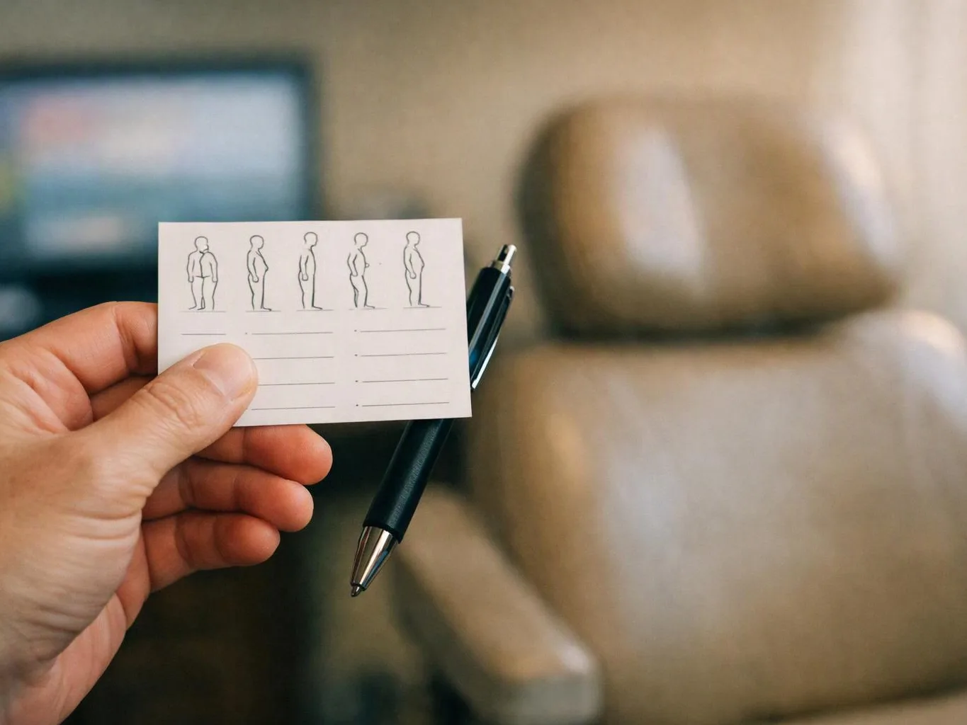 A hand holds a blank appointment card with body icons and a pen in a waiting room chair area