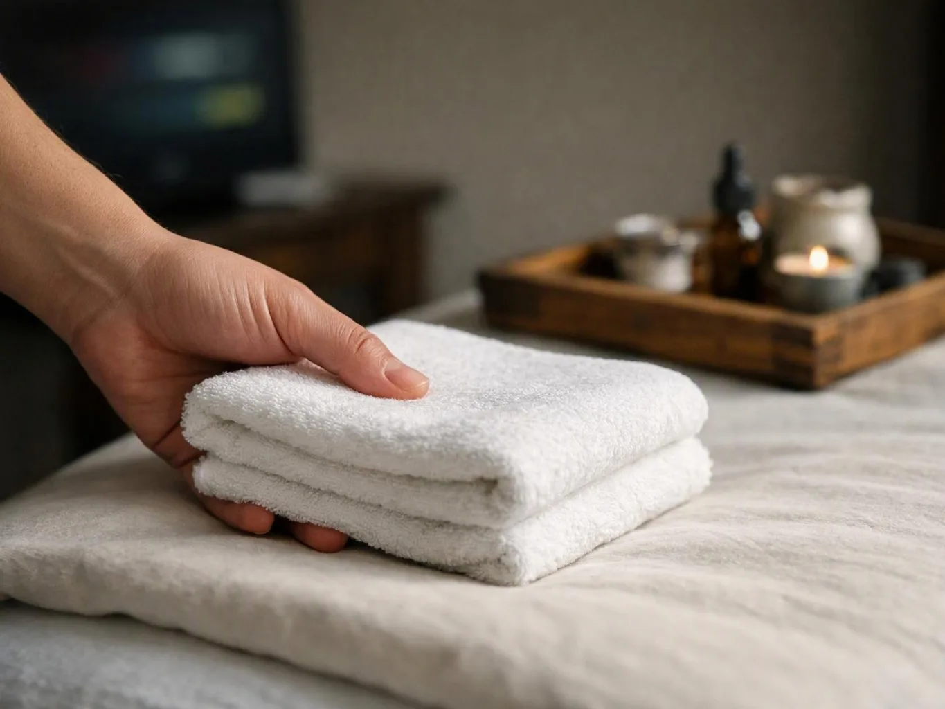 A hand places folded white towels on a padded surface beside a tray with bottles and a lit candle
