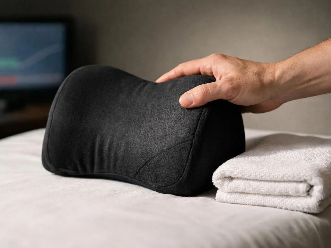 A hand presses a black cylindrical pillow on a bed beside folded white towels