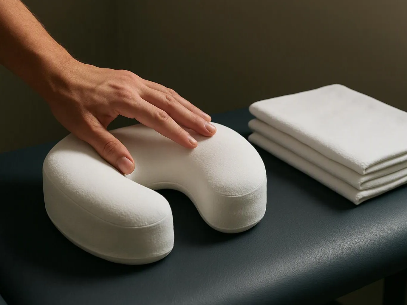 A hand presses a white U-shaped cushion beside a stack of folded white towels on a dark table