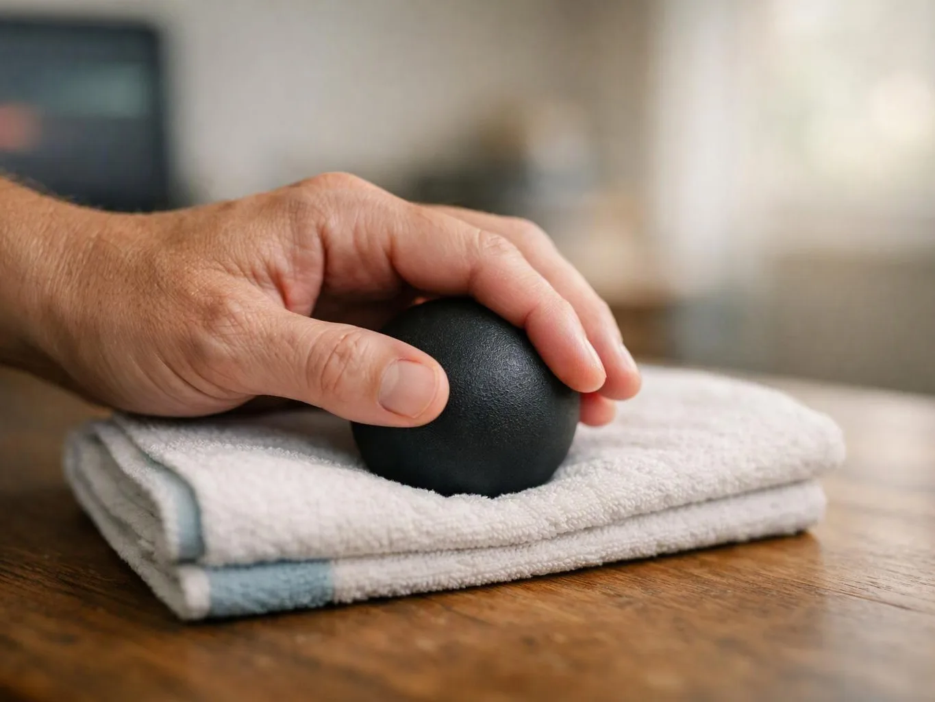 A hand rests on a black massage ball atop folded towels on a wooden table