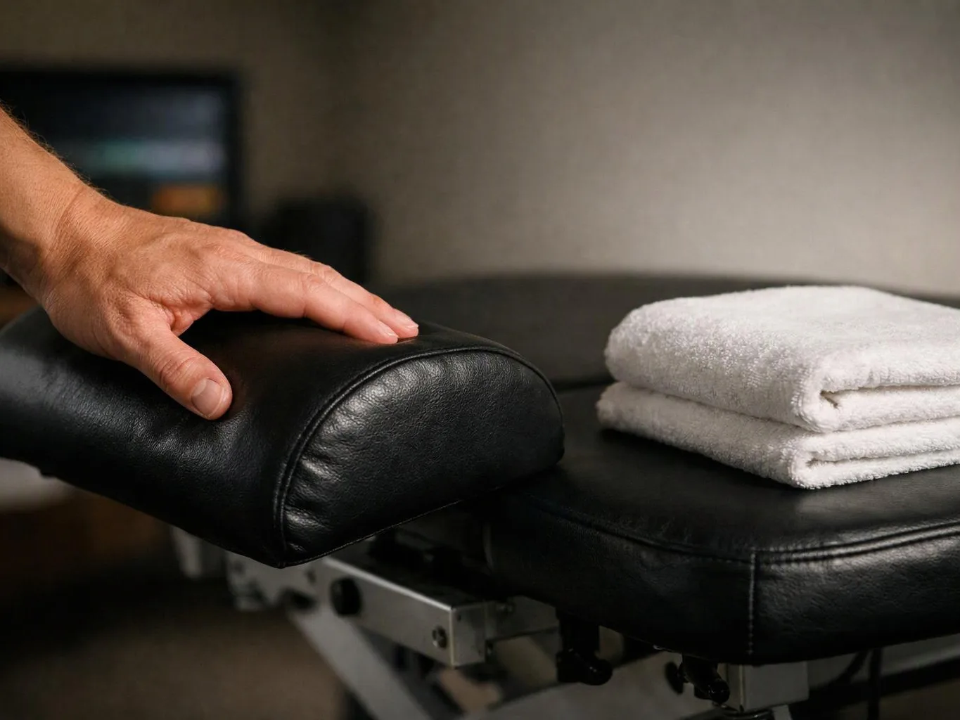A hand rests on a black padded massage table beside folded white towels in a quiet room