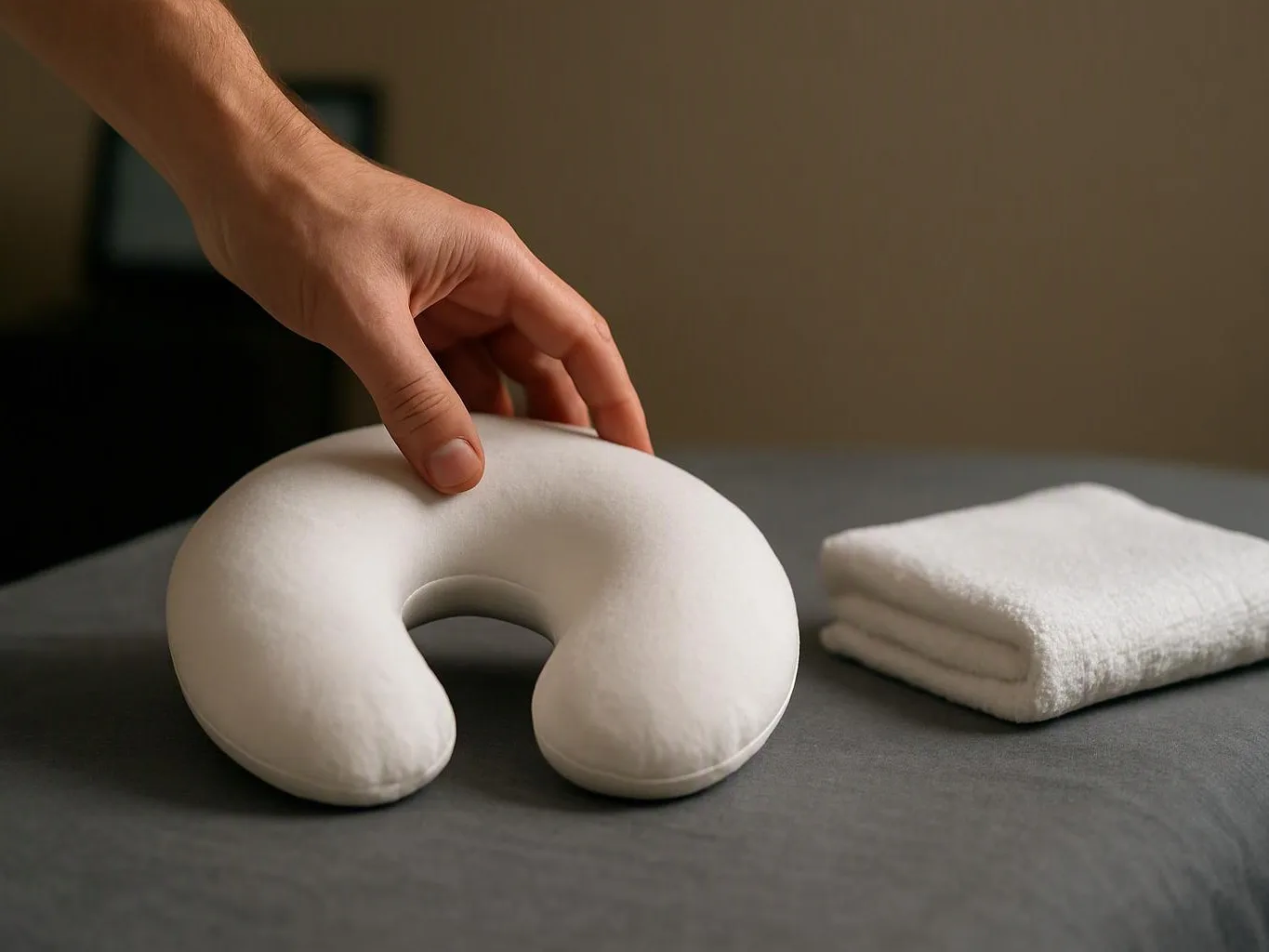 A hand touches a white U-shaped pillow beside a folded white towel on a bed