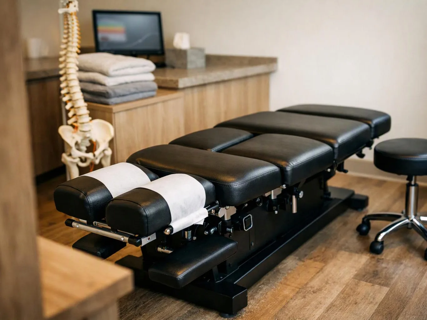 A chiropractic treatment table sits in a clean exam room beside a spine model and stool