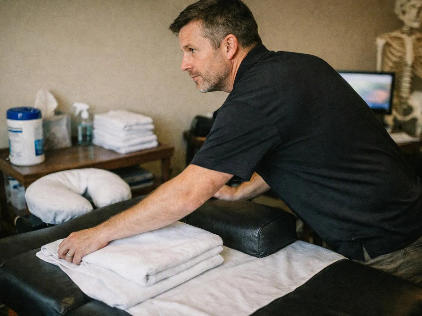 A man in a black shirt arranges folded towels on a massage table in a treatment room