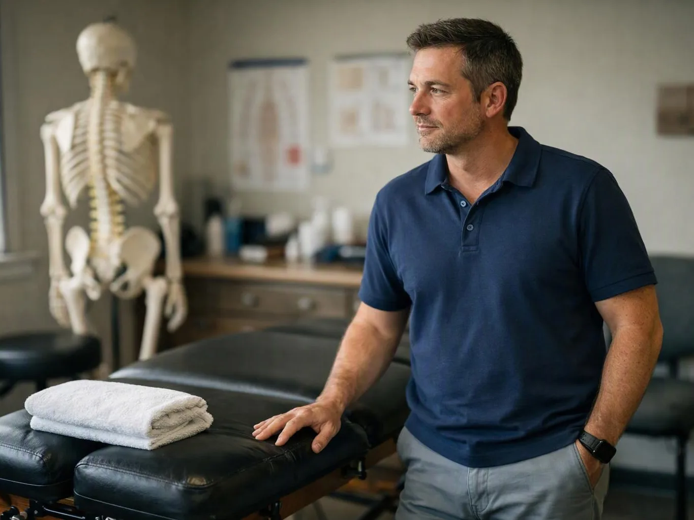 A man in a blue polo stands beside a massage table with folded towels in a clinic room