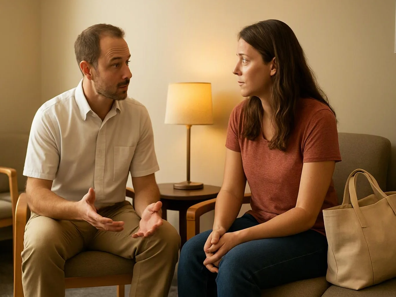 A man gestures while talking to a woman seated across from him in a softly lit room