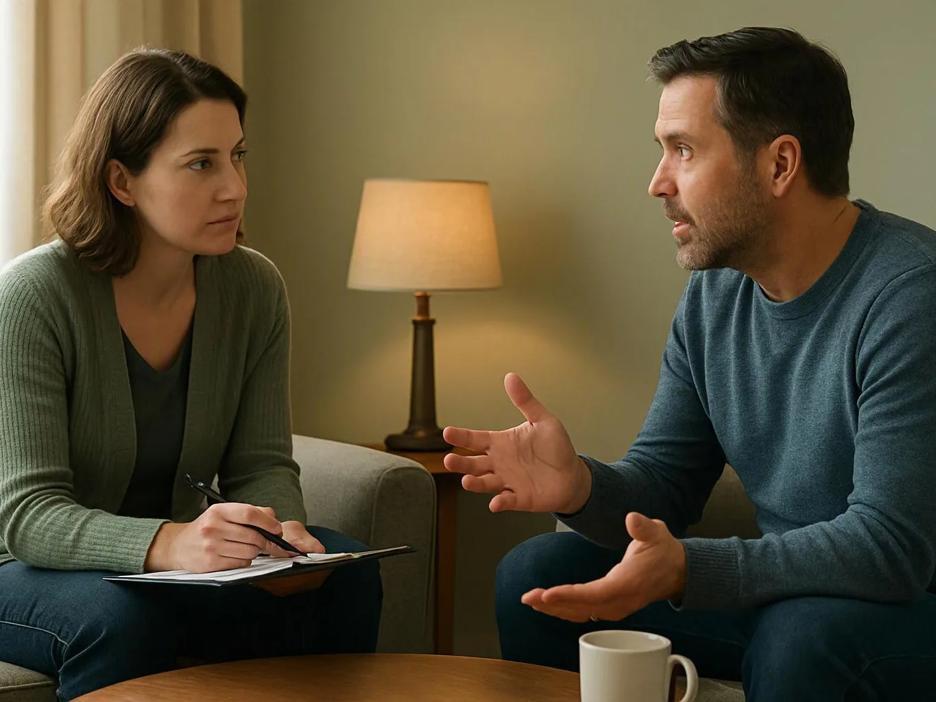 A man gestures while talking to a woman taking notes in a softly lit living room