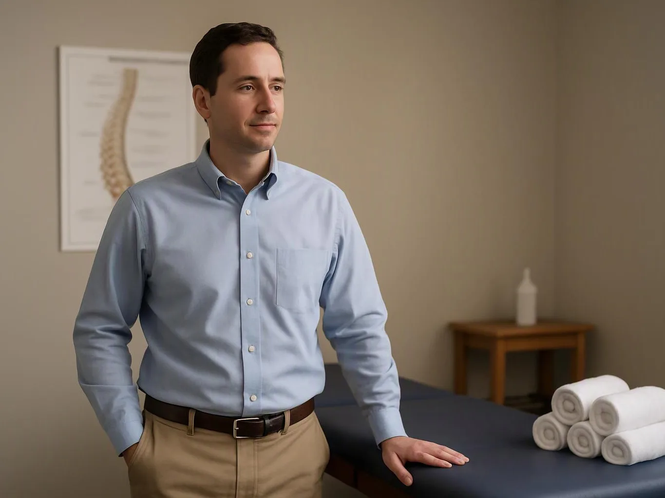 A man in a light blue shirt stands beside a massage table in a simple treatment room
