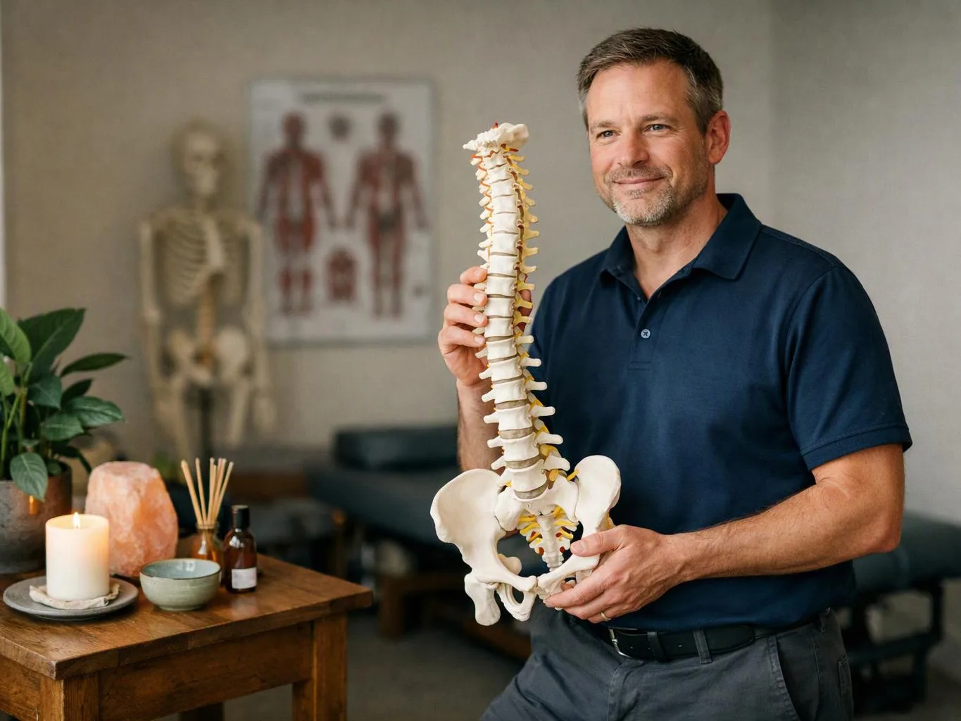 A man in a navy polo holds a spine model in a calm treatment room
