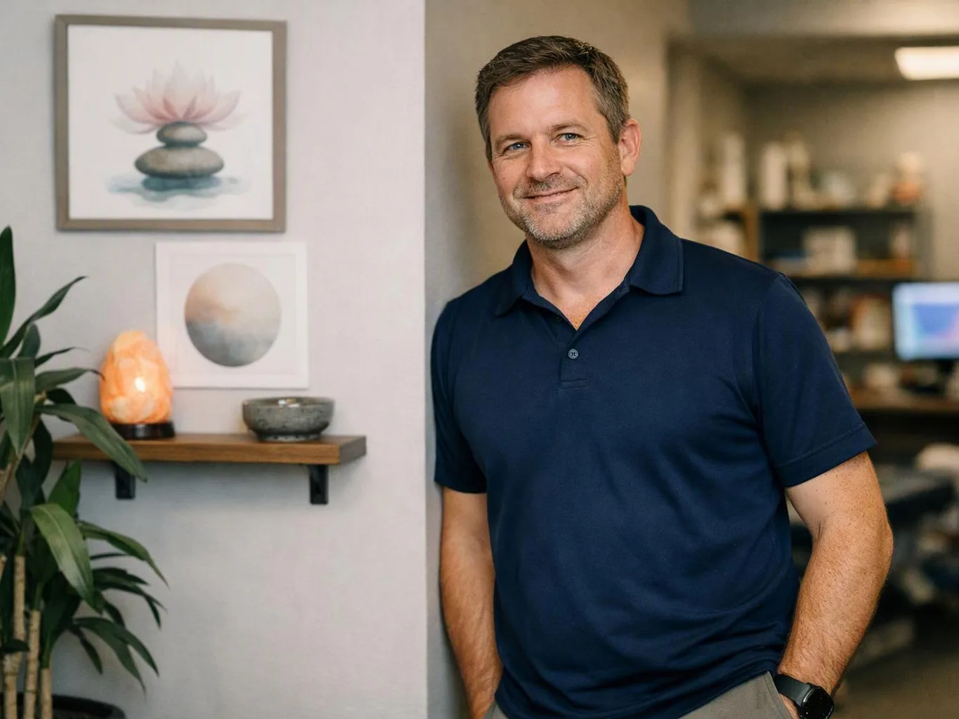 A man in a navy polo smiles beside wall art and a lit salt lamp in a cozy room