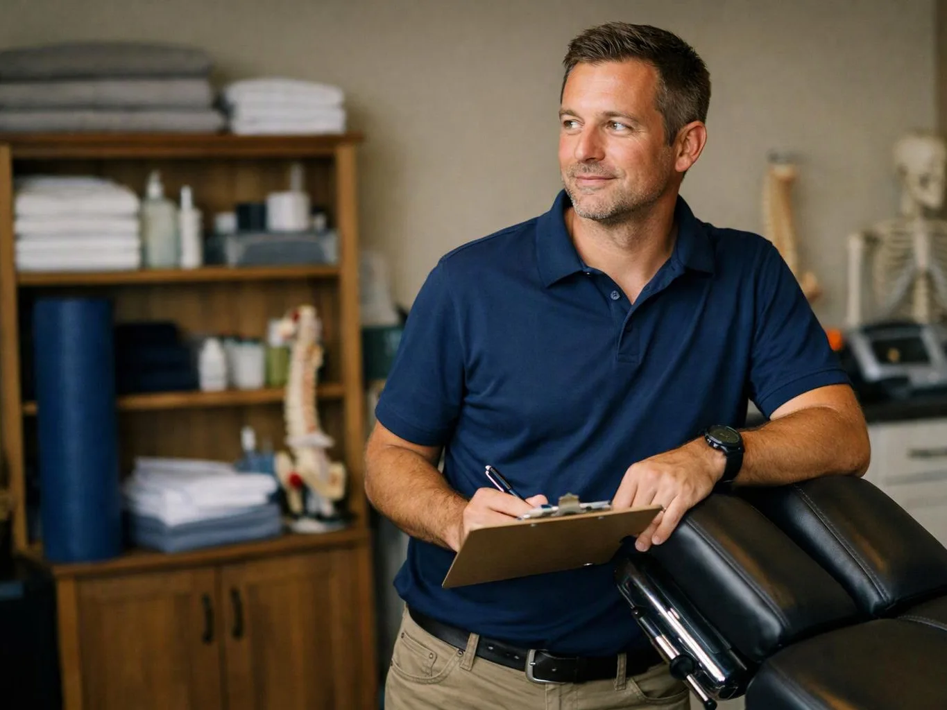 A man in a navy polo writes on a clipboard beside a black massage table in a treatment room