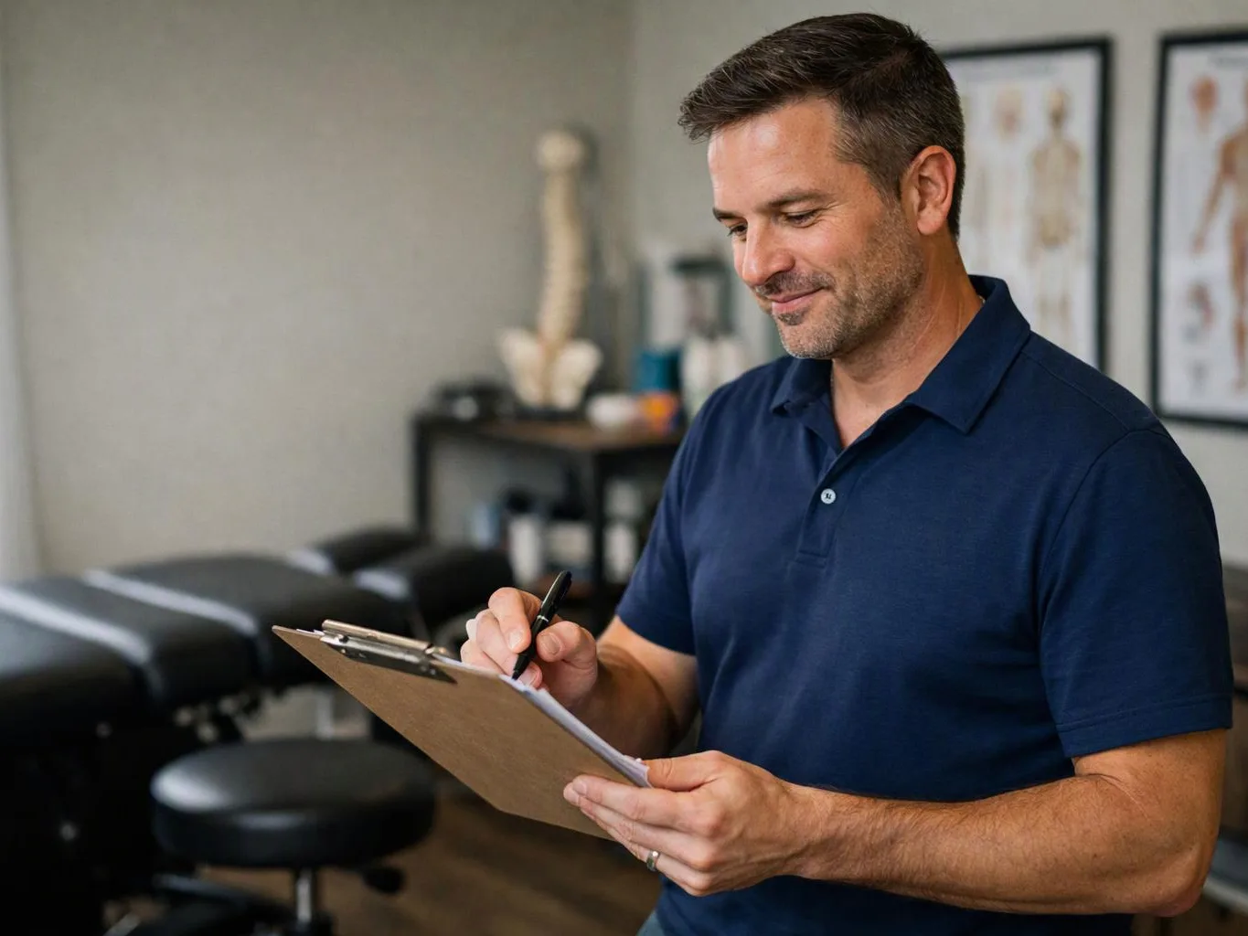 A man in a navy polo writes on a clipboard inside a treatment room