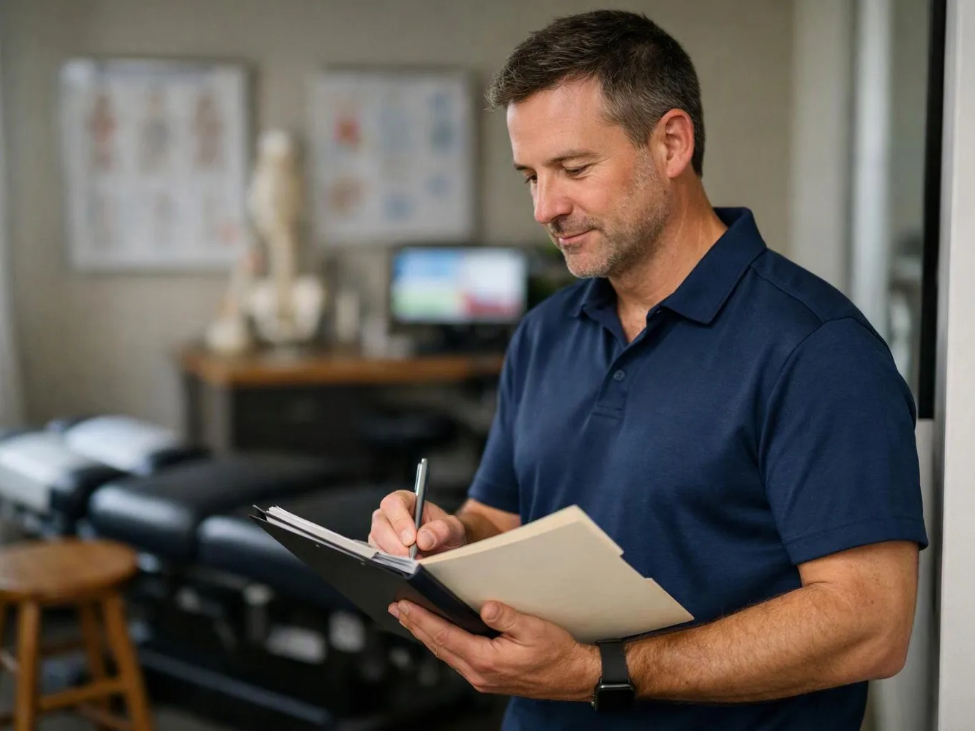 A man in a navy polo writes in a folder inside a clinical exam room