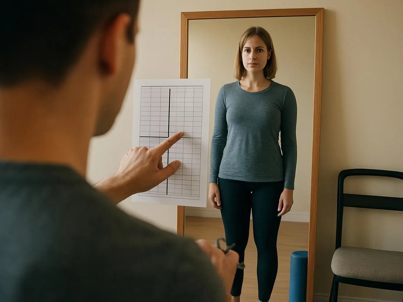 A man points at a grid chart while a woman stands in front of a mirror in a plain room