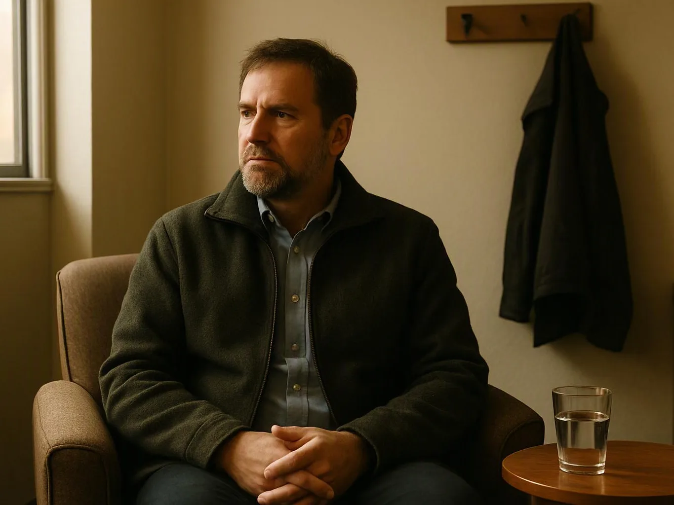 A man sits in an armchair beside a small table with a glass of water, looking off to the side in a plain room