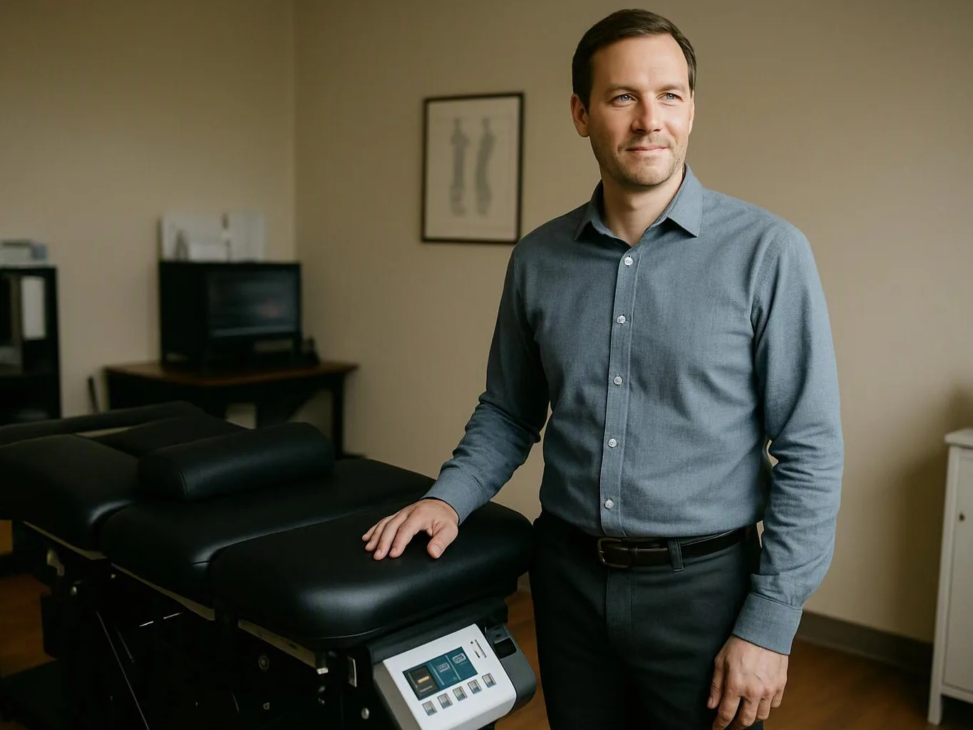 A man stands beside a black massage table in a simple treatment room, resting one hand on it