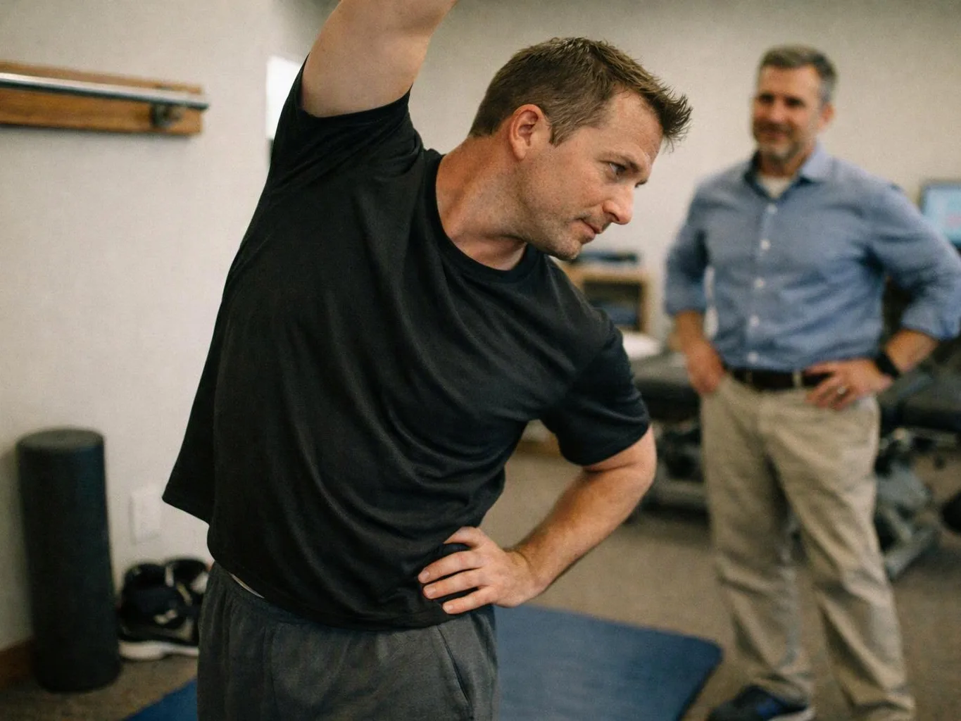 A man stretches with one arm raised while another man watches in a small exercise room