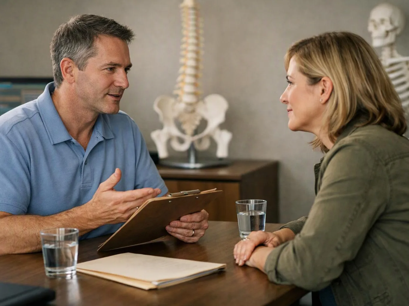 A man talks with a woman across a table in a clinic room, with spine models behind them