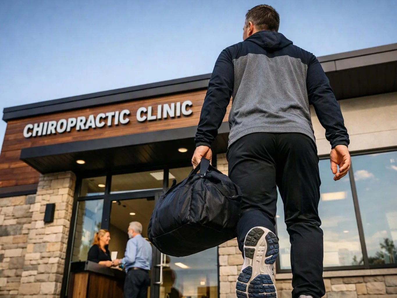 A man walks toward a chiropractic clinic entrance, carrying a black duffel bag under a clear sky
