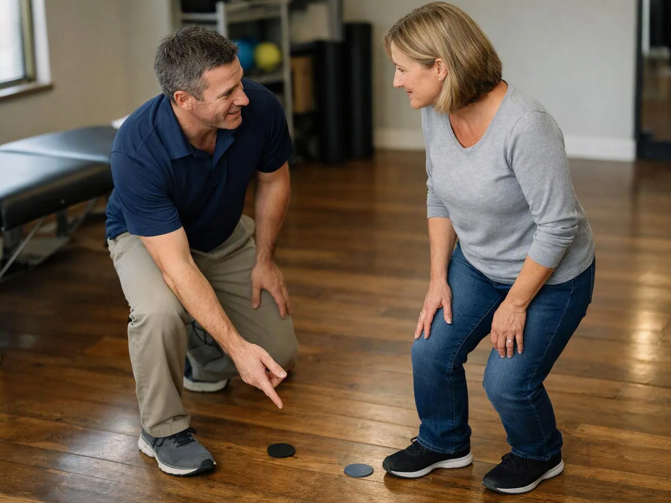 A man and woman crouch on a wooden floor, looking at small round markers in a bright room