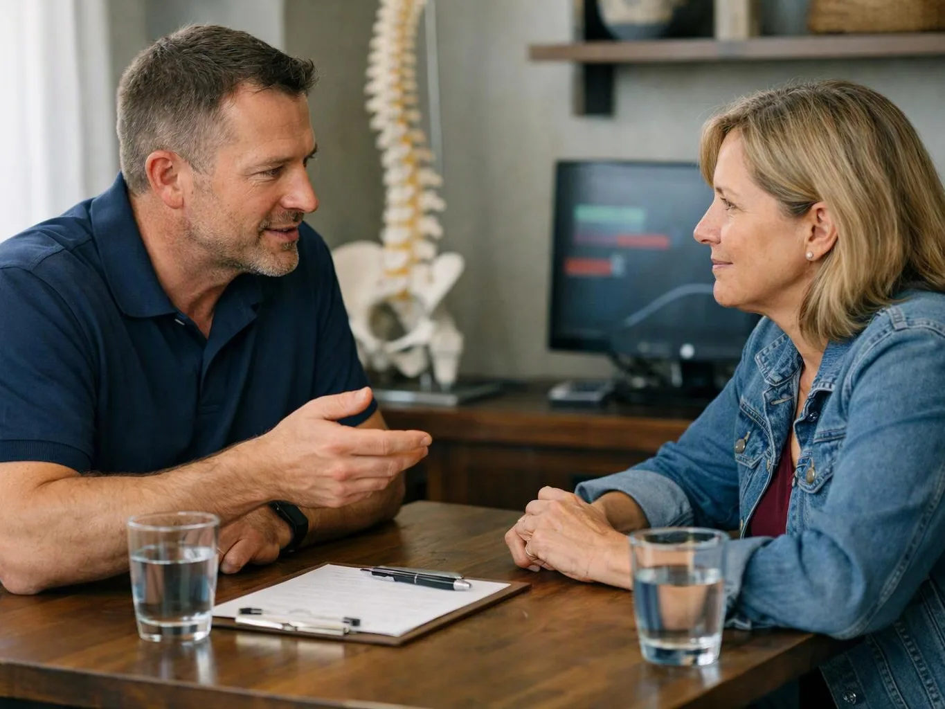 A man and woman talk across a desk with water glasses, a clipboard, and a spine model in a clinic office