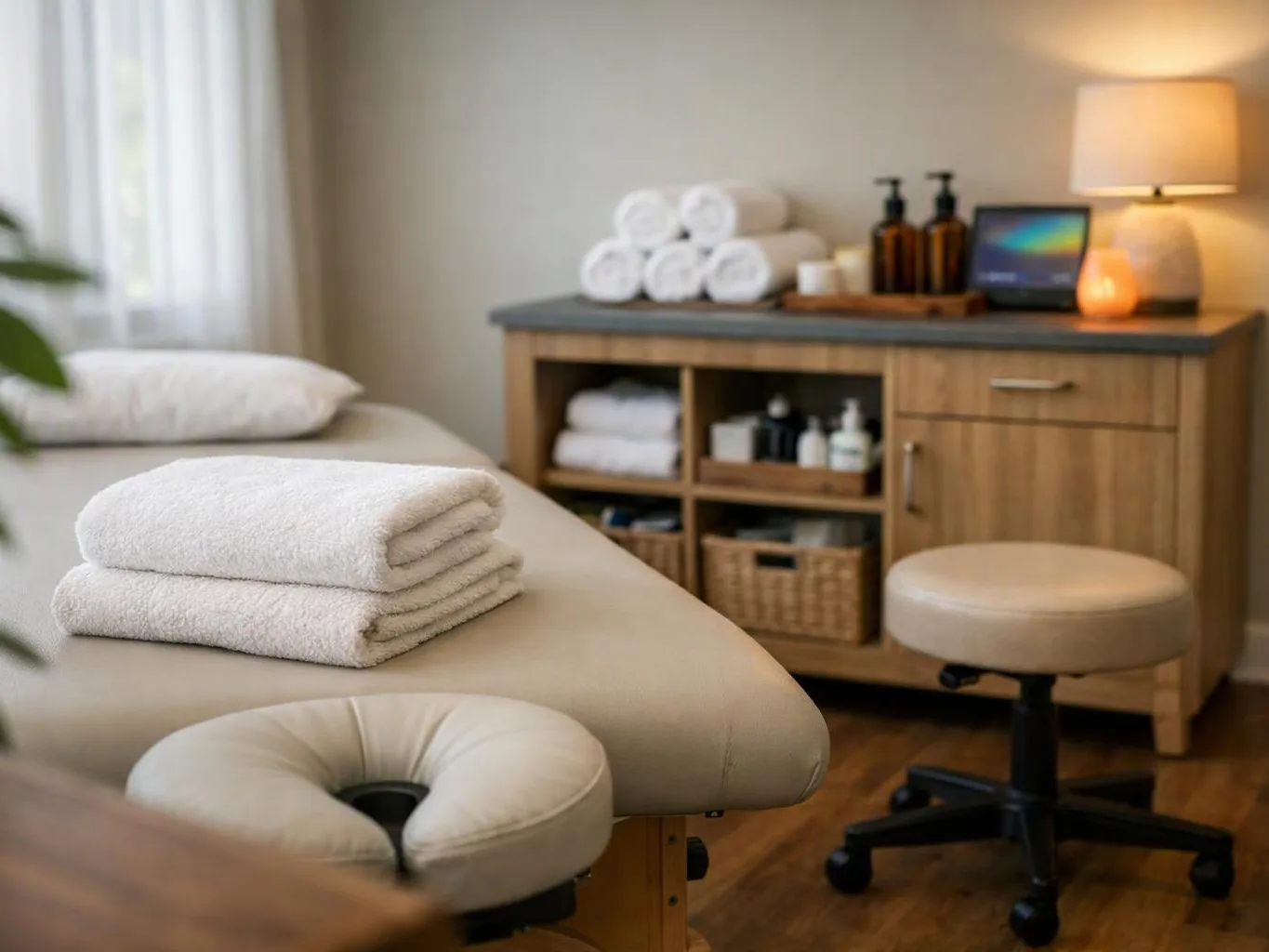 A massage table with folded towels sits beside a lit cabinet and stool in a calm treatment room