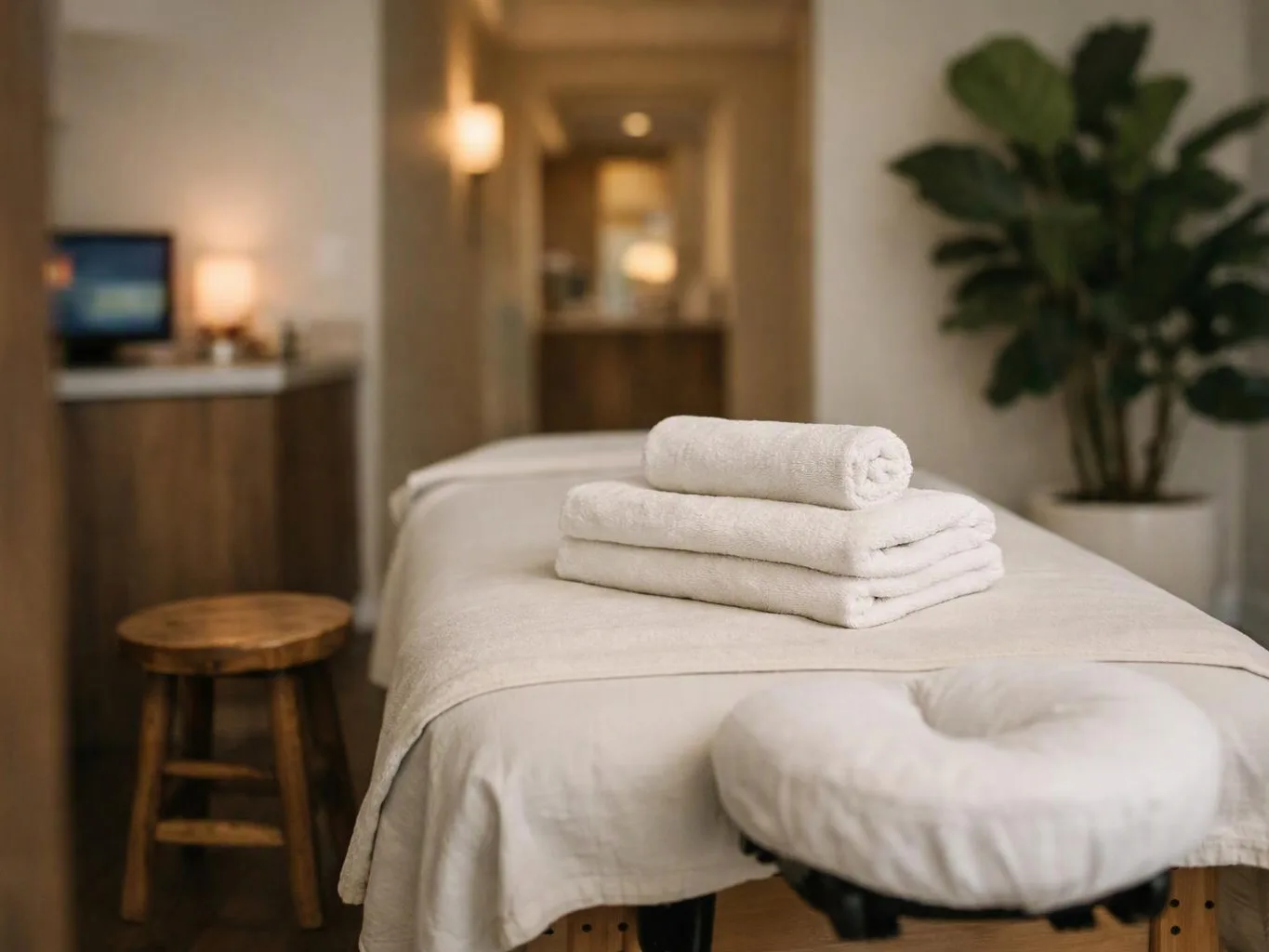 A massage table with folded white towels sits in a softly lit spa room with a stool and potted plant