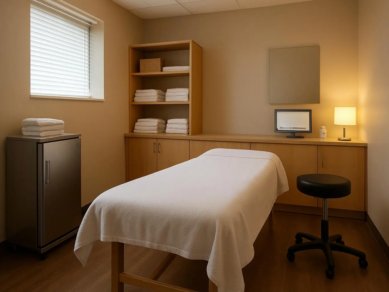 A massage table sits in a tidy treatment room with shelves, towels, a lamp, and a stool