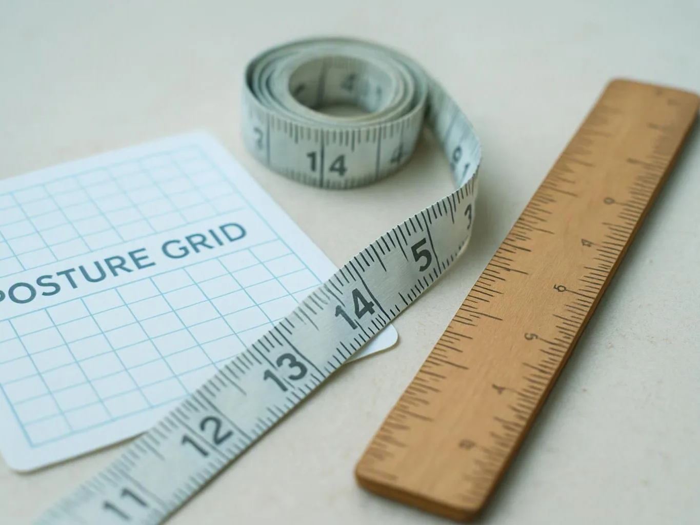 A measuring tape, a wooden ruler, and a card labeled posture grid lie on a light tabletop