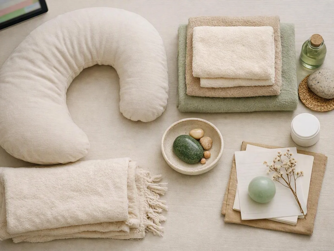 A neat spa arrangement shows folded towels, a neck pillow, stones, bottles, a candle, and dried flowers on a light surface