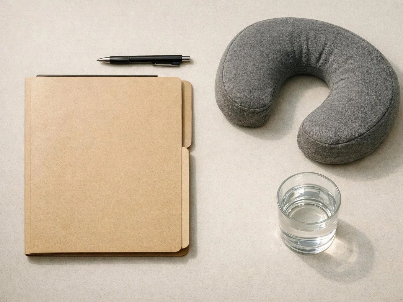 A notebook, pen, gray neck pillow, and glass of water sit on a light tabletop