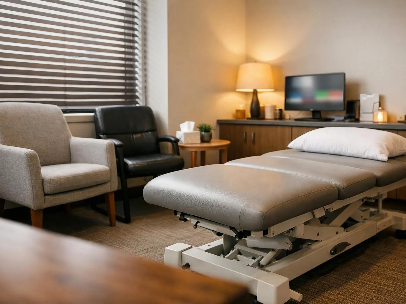 A padded exam table sits in a calm room with chairs, a lamp, a cabinet, and a monitor