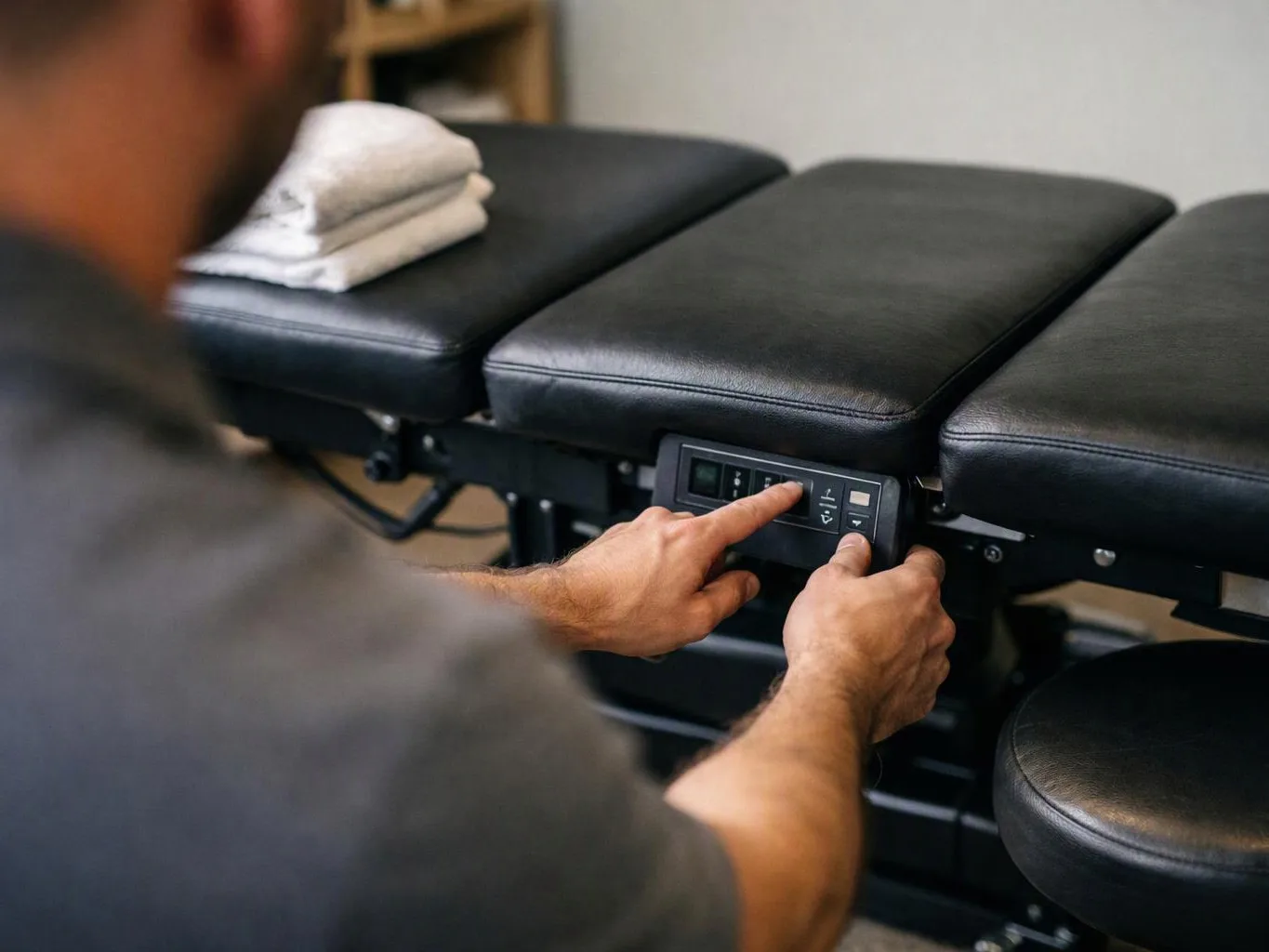 A person adjusts the controls on a black padded treatment table in a quiet room