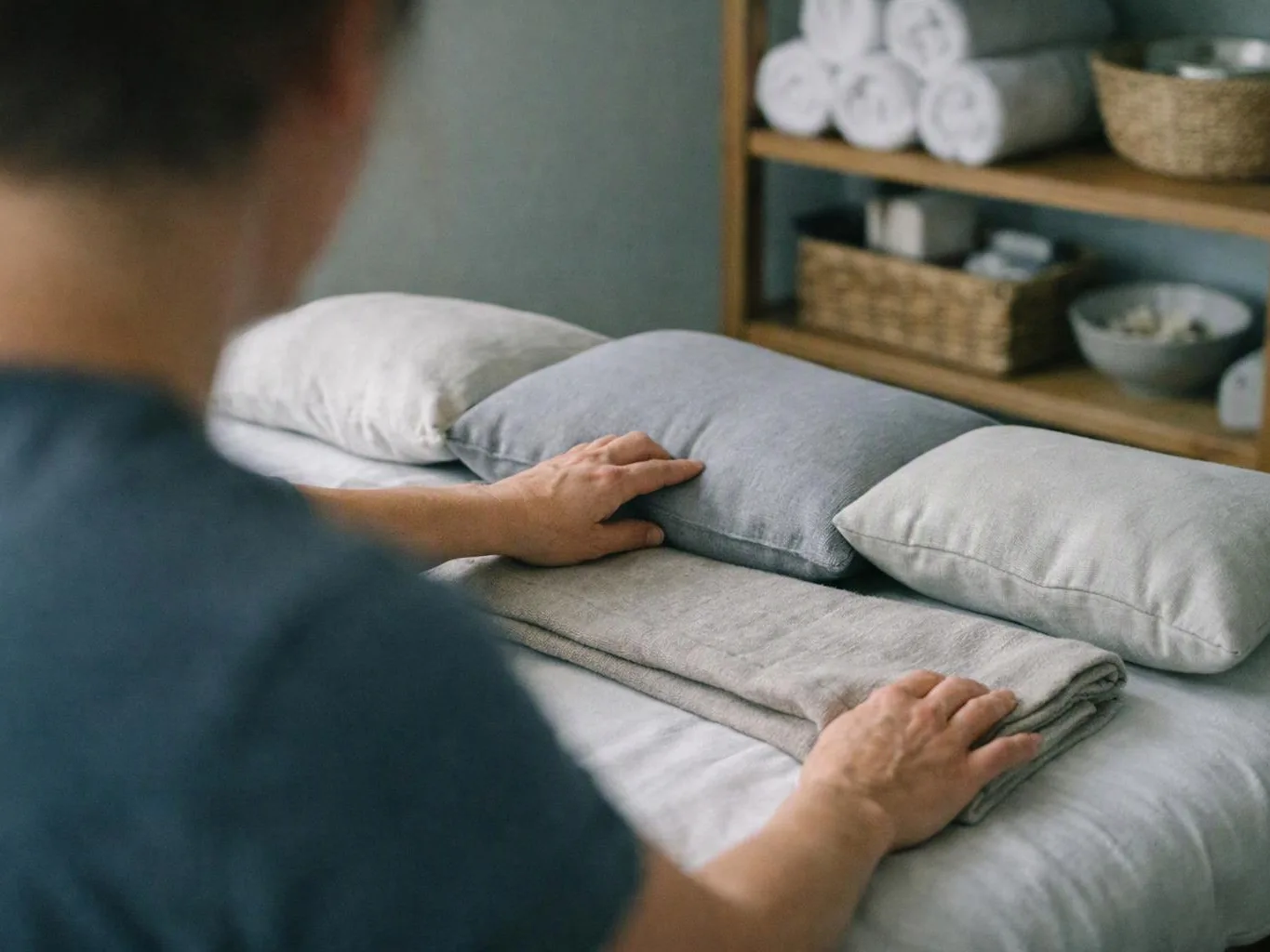 A person arranges folded linens on a padded massage table in a calm room