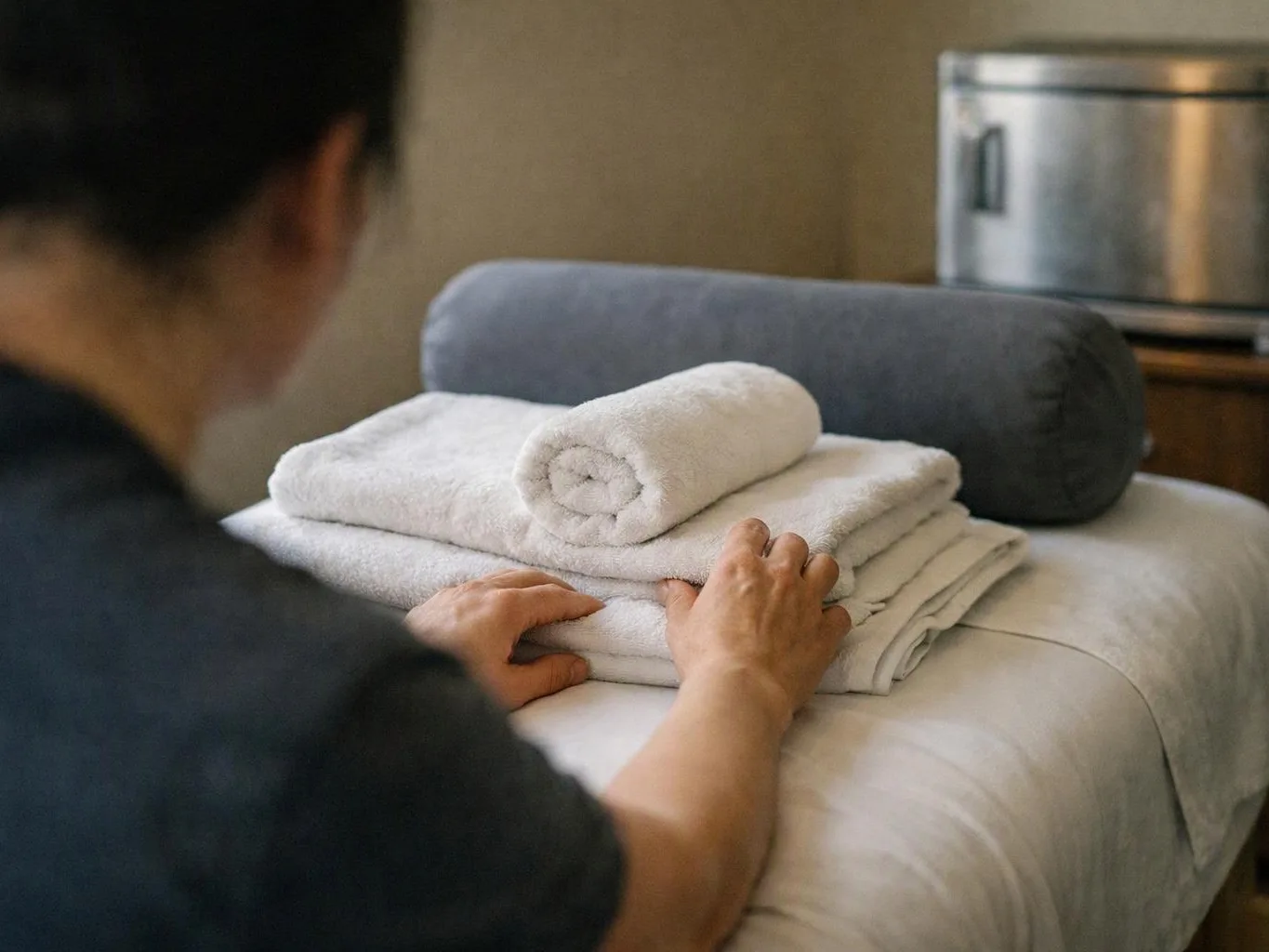 A person arranges rolled white towels on a massage table in a calm treatment room