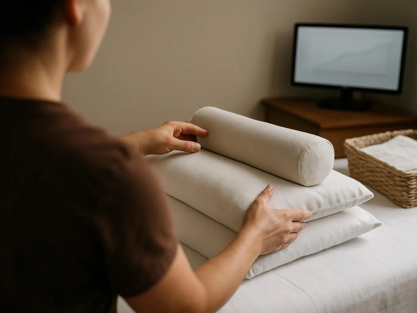 A person arranges stacked white pillows on a bed beside a small TV in a quiet room