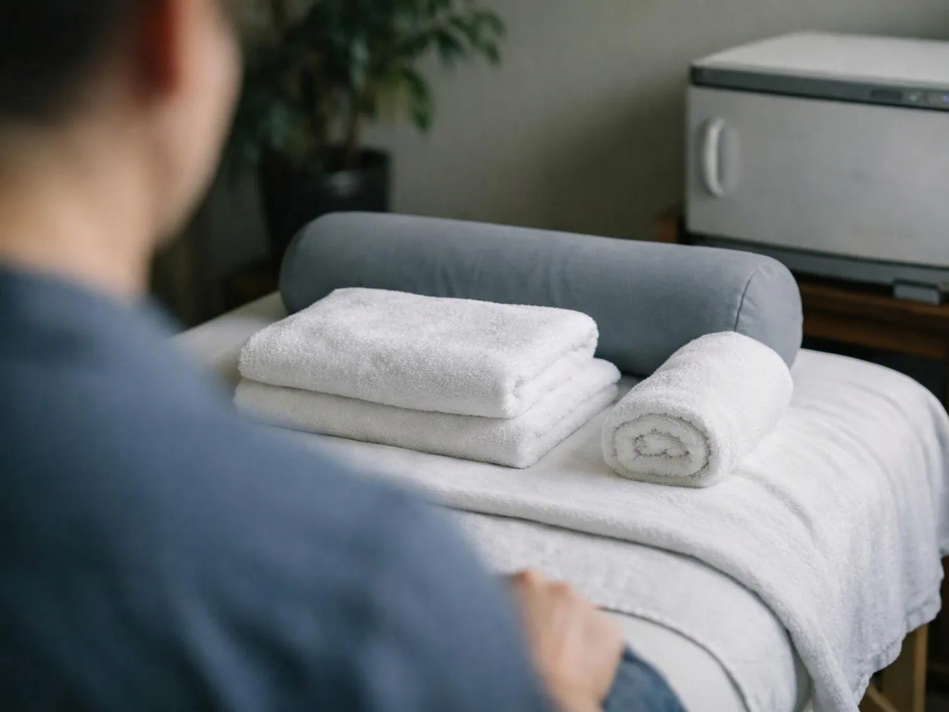 A person faces a neatly folded stack of white towels on a massage table in a quiet room