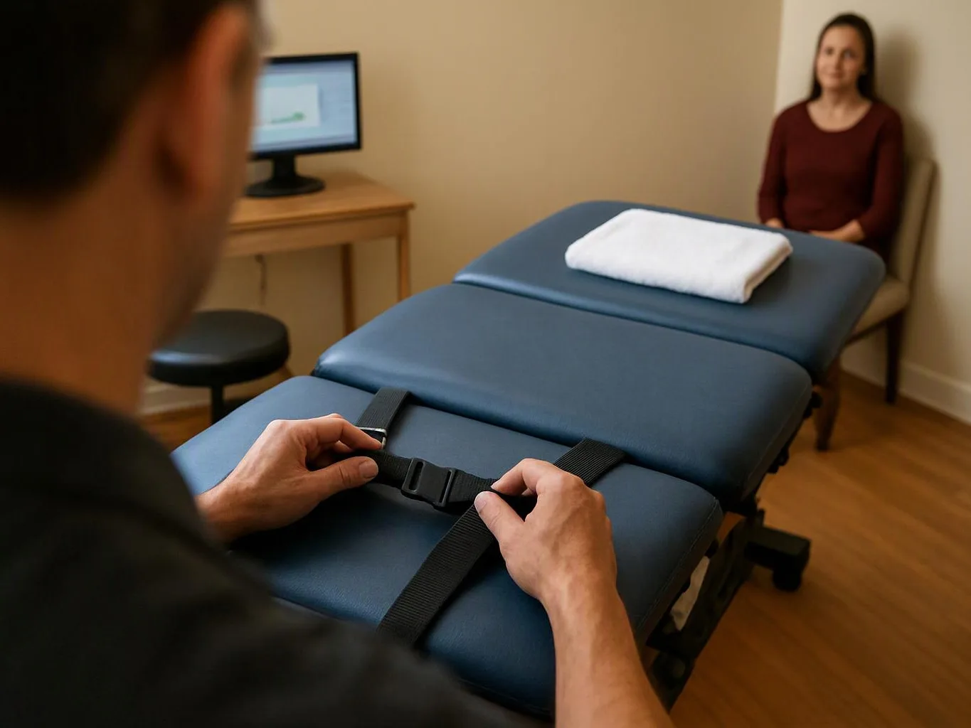 A person fastens a strap on a padded treatment table while a woman waits in a small exam room