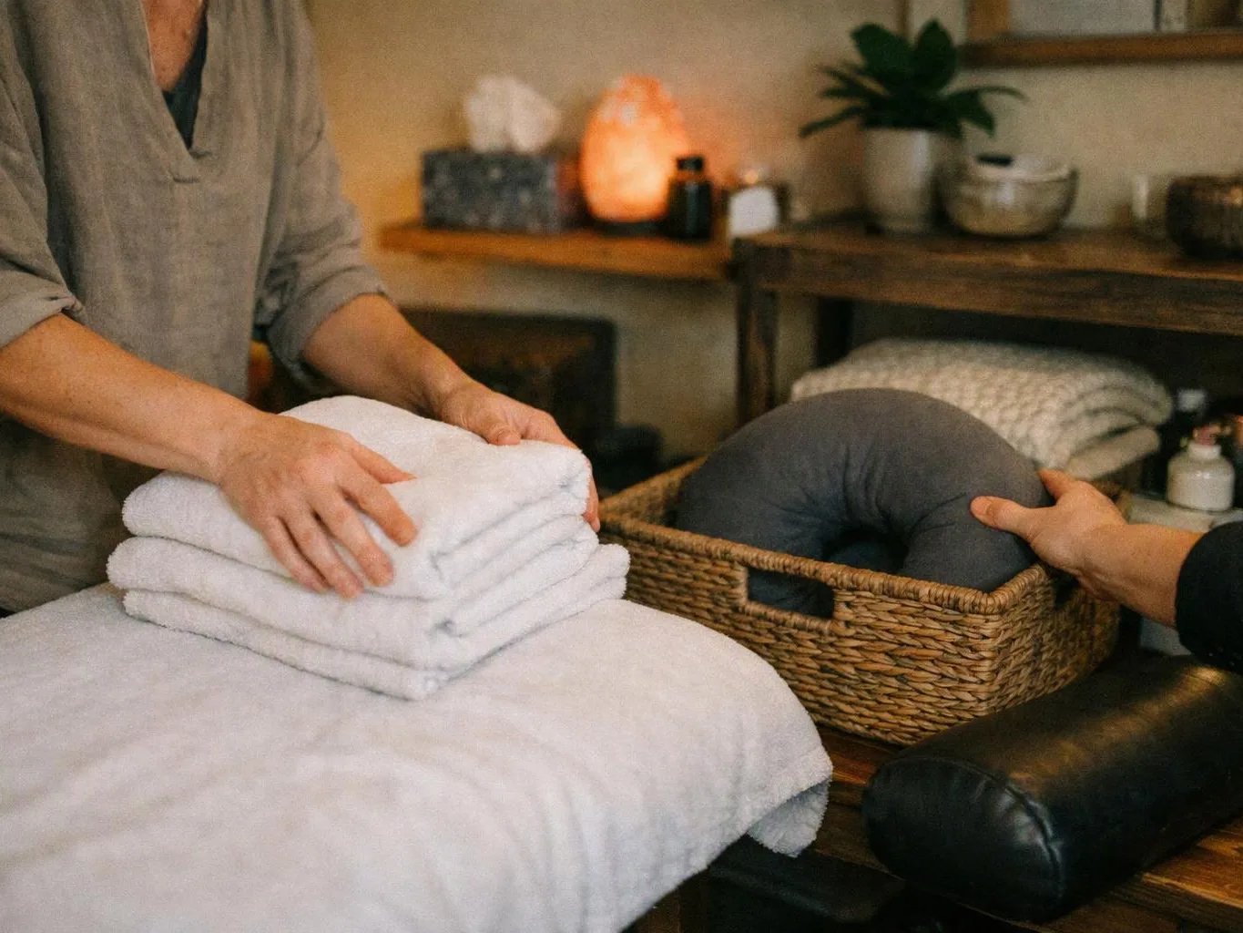 A person folds white towels beside a woven basket holding a gray neck pillow in a cozy spa room