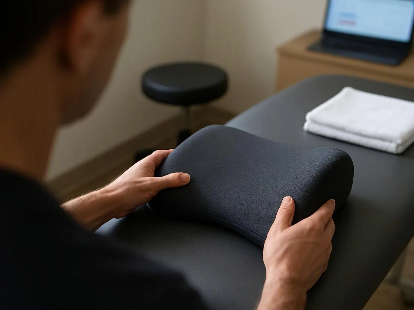 A person holds a black curved cushion on a massage table in a quiet room