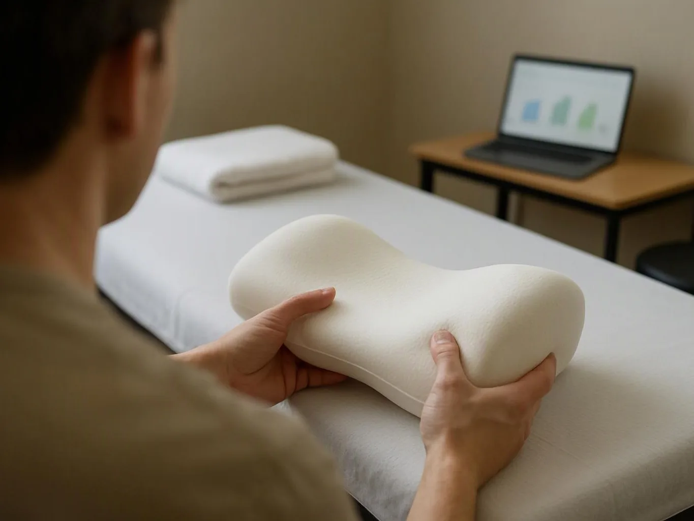 A person holds a white contoured foam pillow beside a bed in a simple room with a laptop on a small table
