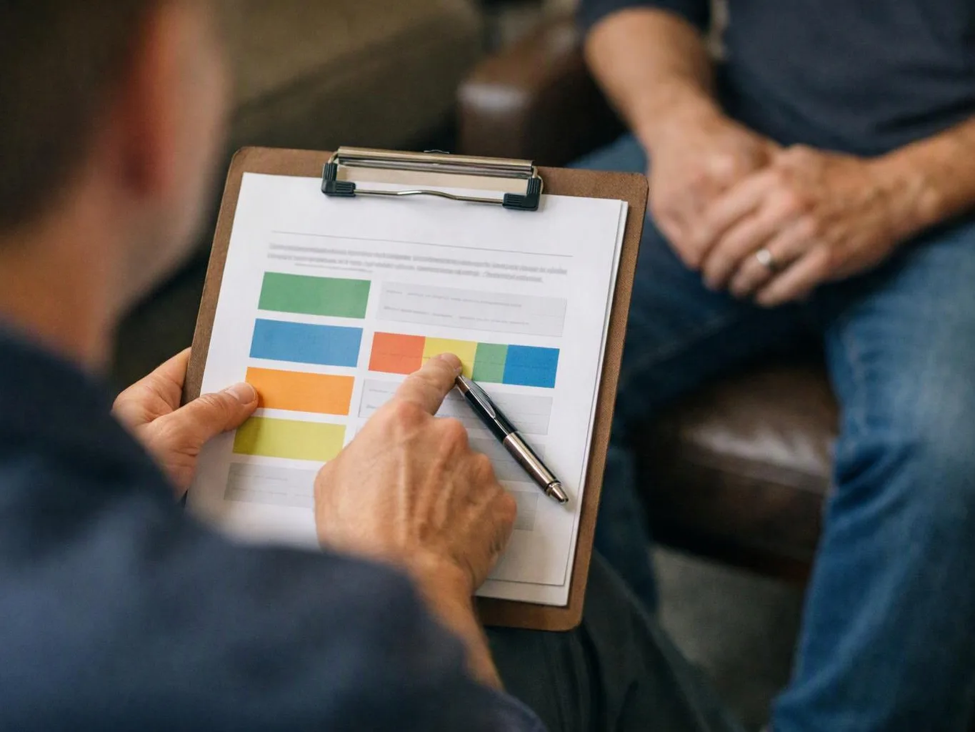 A person points to colored blocks on a clipboard while sitting across from someone in jeans on a couch