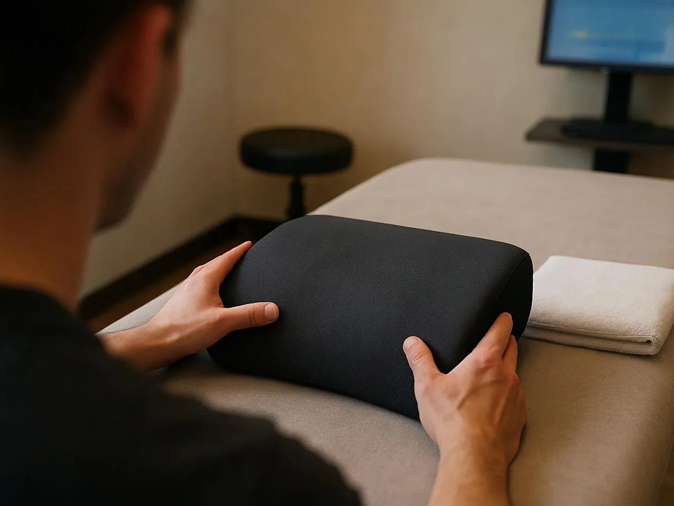 A person steadies a black cushion on a treatment table in a quiet room