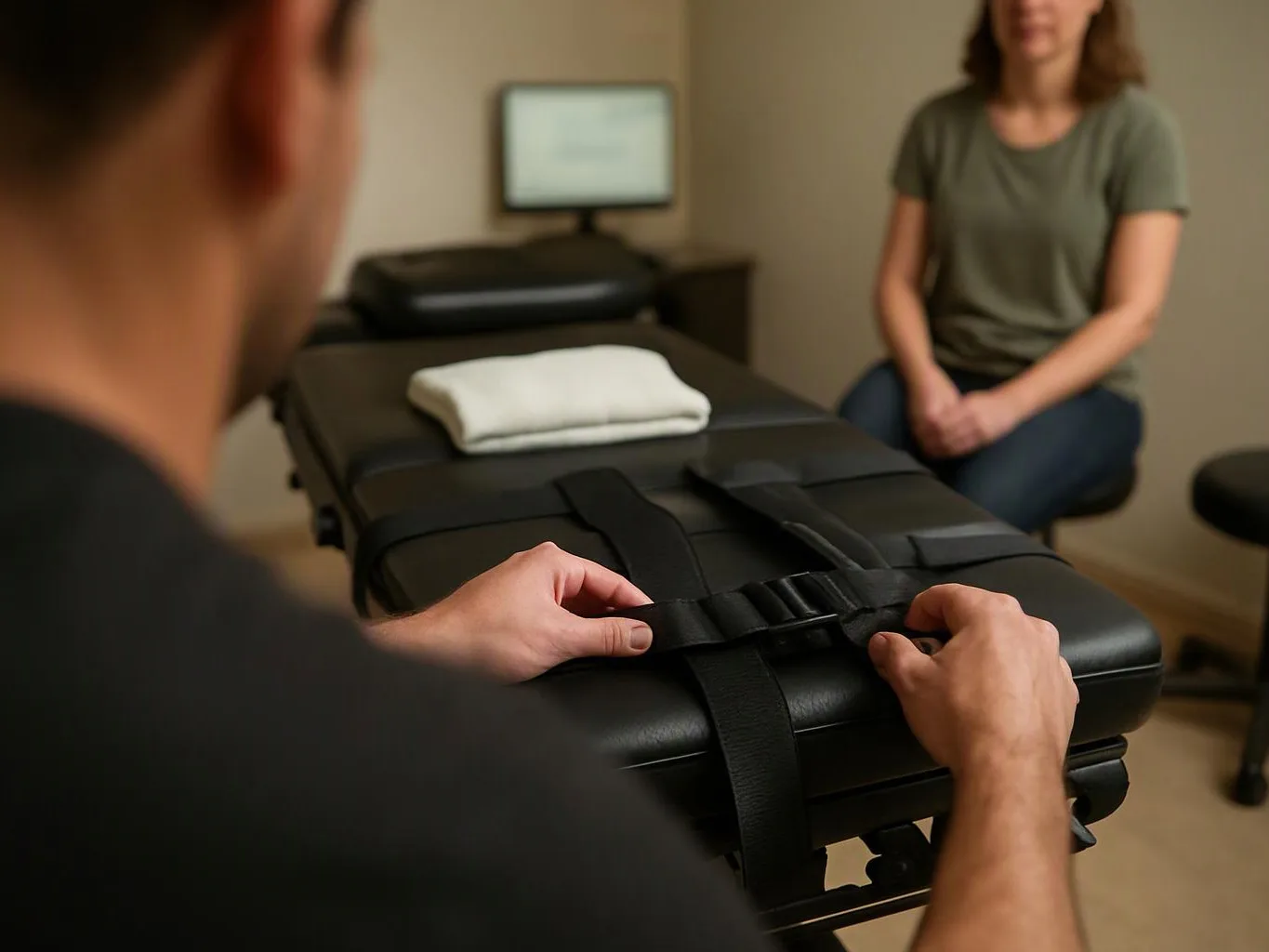 A person tightens straps on a black treatment table while another person sits nearby in a small room