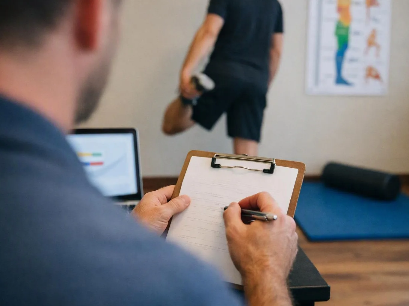 A person writes on a clipboard while watching another person stretch in a small exercise room